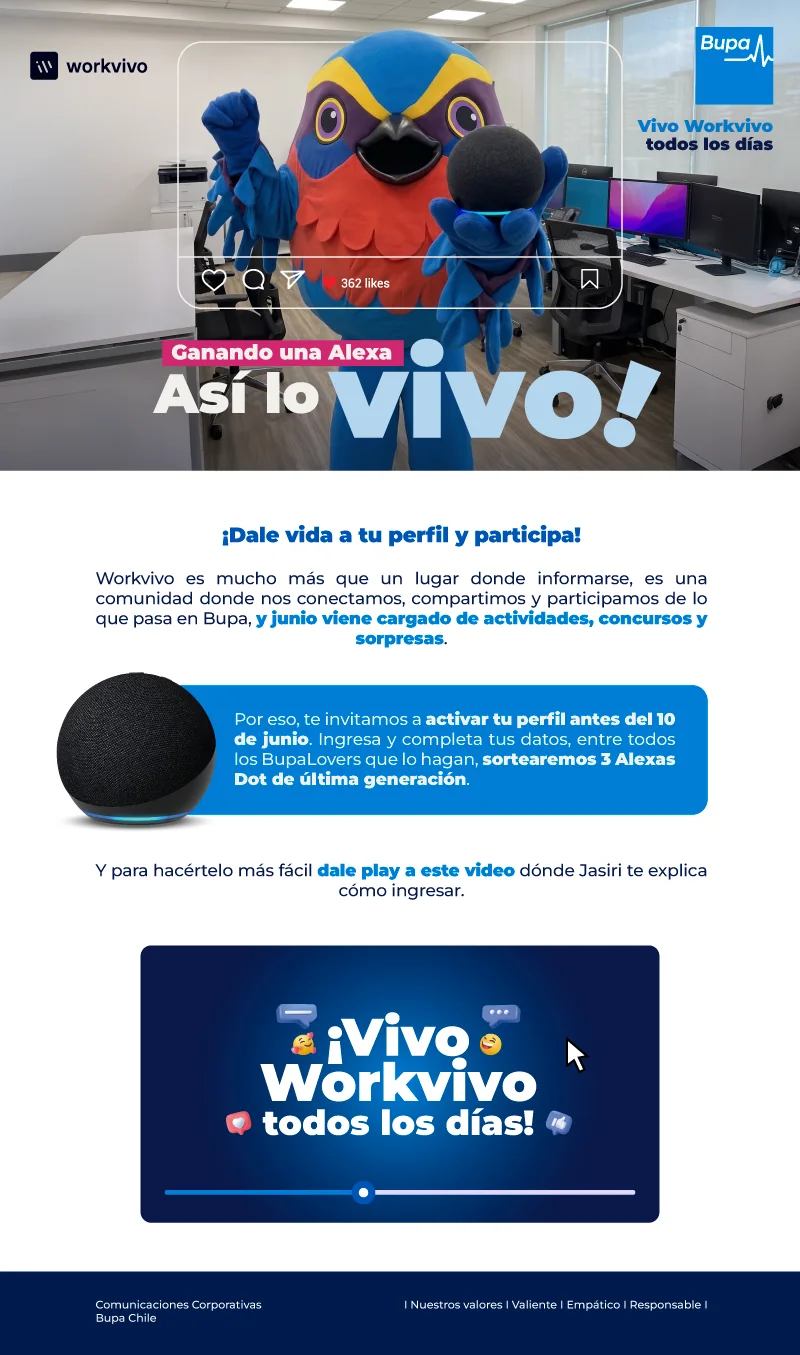 Mail de Workvivo con Jasiri e invitación a activar el perfil para participar por una Alexa